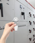 Hand holding Heavy Duty T Type Door Hinges For Industrial Enclosures And Equipment, Rugged Metal Cabinet Hinges With Screws.