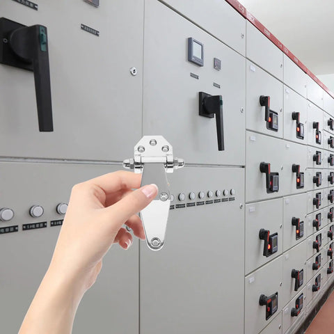 Hand holding Heavy Duty T Type Door Hinges For Industrial Enclosures And Equipment, Rugged Metal Cabinet Hinges With Screws.