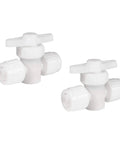 Slick 1/2 Inch Inline Water Shut Off Valve For PEX And Gray Tubing 2 Pack with white plastic design for RV plumbing control.