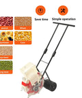 Manual Hand Push Seed Seeder With 7 Nozzles Adjustable Depth And Spacing Precision Planter displaying seeds and handle