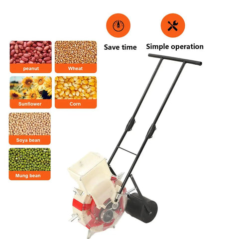 Hand Push Seeder Planter With 7 Nozzles, Manual Seed Drill And Spreader For Gardens, shown with seed types