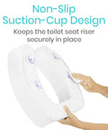 2 Inch Toilet Seat Riser For Seniors With Universal Fit and suction cups for secure placement, non-slip design displayed with hands.