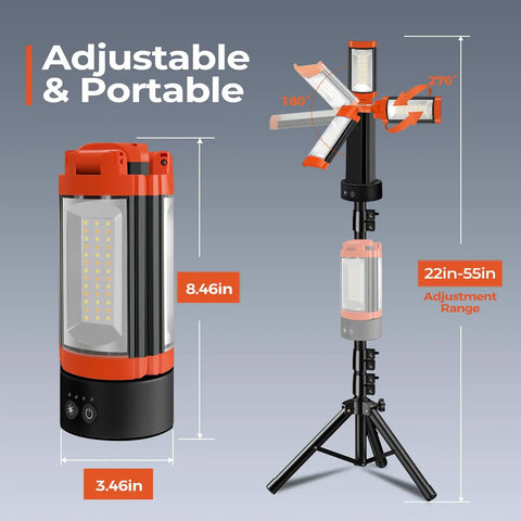 Rechargeable 12000mAh Camping Light With Adjustable Stand And 3 LED Heads, 2200 Lumens, detachable tripod, orange color