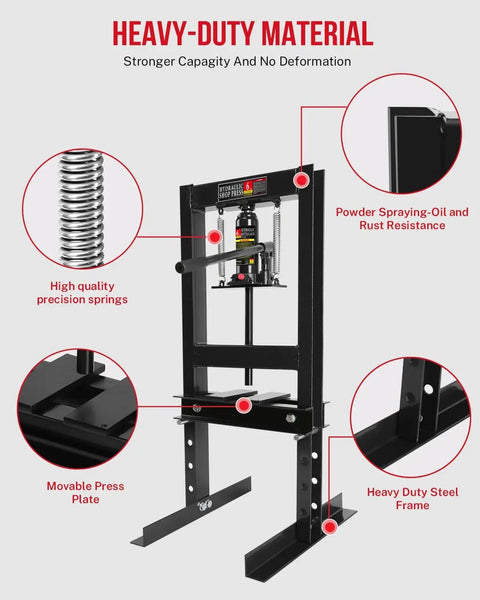 Beefy 6 Ton Hydraulic H Frame Shop Press With Adjustable Height Heavy Duty Garage Floor Tool For Bending Straightening Bearing Press Metalworking And Auto Repair Includes Stamping Plates, showing features like precision springs and steel frame.