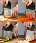 Stainless steel wavy crinkle cutter with black handle; four-view collage showing slices of potatoes, carrots, and cucumbers.