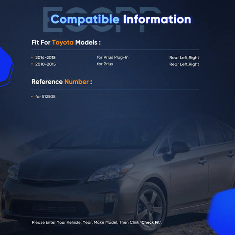 Toyota Prius car compatibility information for wheel hub and bearing assembly 2010-2015 models, with reference number 512505 shown.