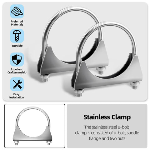 Two Pack 304 Stainless Steel U Clamps, 54mm (2-1/8in) Muffler Exhaust Clamps with saddle flange, corrosion resistant