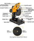 Diagram of 14 Inch Metal Cutting Chop Saw 2600W Heavy Duty Electric Cut Off Machine With Saw Blade For Steel Iron Rebar And Thick Pipes Industrial Copper Motor Delivers Beast Power For Pro Workshop Use, showing labeled components