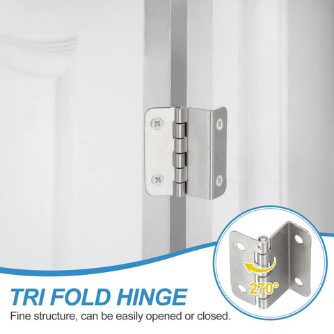 Dope Three Fold Vintage Hinge Set For Cabinets And Chests Semi Concealed Half Surface Hinges in use on a white door, showing 270° swing.