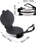 10 Inch Electric Tortilla Maker With Nonstick Surface And Adjustable Temperature, Flatbread press with easy-grip handle and dimensions shown.