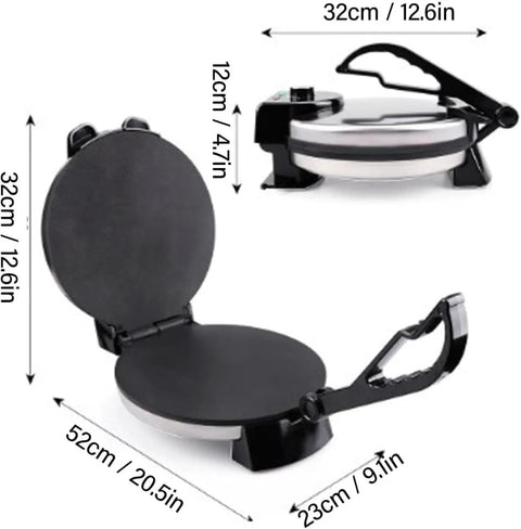 10 Inch Electric Tortilla Maker With Nonstick Surface And Adjustable Temperature, Flatbread press with easy-grip handle and dimensions shown.