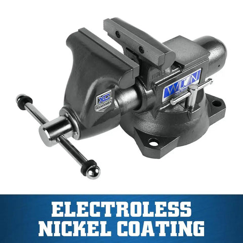Beefy Pro Grade Tradesman XC Bench Vise With Six And A Half Inch Jaw Width, Six Inch Opening, Four Inch Throat, 360 Degree Swivel Base With Double Lockdowns, 60,000 PSI Ductile Iron Body For Lifetime Smooth Operation, Enclosed Design Keeps Lubrication. Bench vise with electroless nickel coating