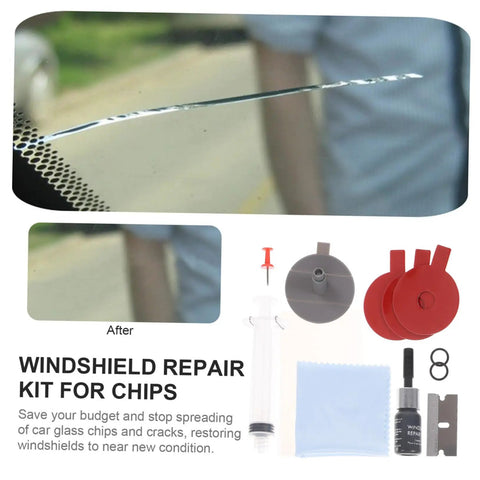 DIY Auto Glass Repair Kit For Windshield Cracks And Chips Complete Windshield Scratch Remover displayed with tools and instructions