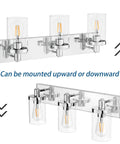 Chrome Farmhouse Vanity Light 3 Light Fixture Over Mirror With Clear Glass Shades for Bathroom, shown mounted in two positions.