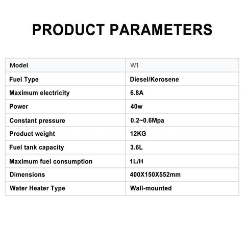 Product parameters table for 12V Diesel Tankless Water Heater For RV And Camper Vans, showing specifications like power and dimensions.