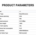 12V Tankless Electric Water Heater Featuring Knockout Instant Hot Water Flow And Road Ready Build specifications table showing fuel type and dimensions.