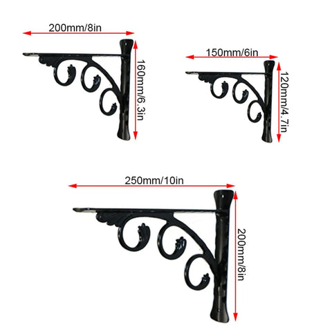 Heavy Duty Shelf Brackets With Hooks Pair Of Rock Solid Black Floating Wall Supports Rust Proof Aluminum Alloy with measurements.