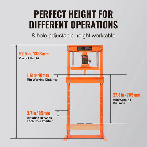 Beast 12 Ton Hydraulic Shop Press With H Frame, 4 Position Adjustable Height And Movable Plates, shown with measurements