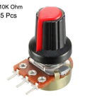 Single 10K Ohm potentiometer knob, part of Five Pack 10K Ohm Variable Resistors, Single Turn Rotary Potentiometers With Carbon Film Taper.