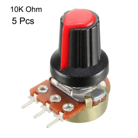 Single 10K Ohm potentiometer knob, part of Five Pack 10K Ohm Variable Resistors, Single Turn Rotary Potentiometers With Carbon Film Taper.