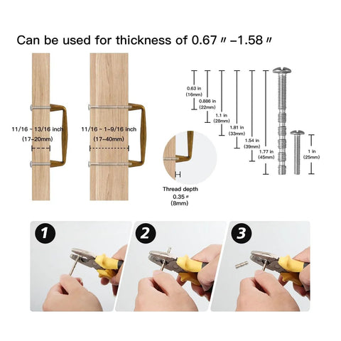 Installation guide for 10 Pack Antique Brass Cabinet Pulls with 3 Inch Hole Center, showing suitable thickness and screw sizes.