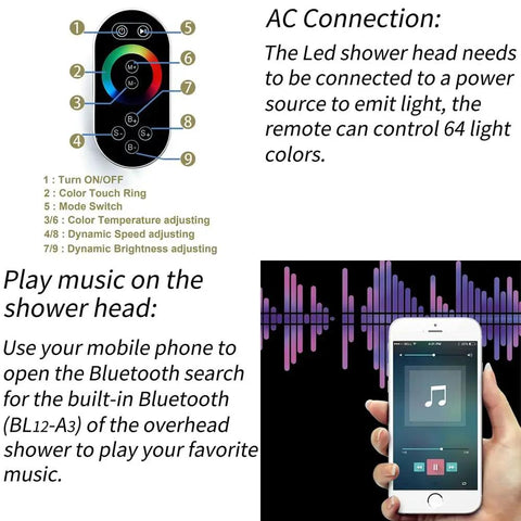Top Shelf Ceiling Mount Digital Shower Kit With Brushed Gold Finish And Led Panel remote control guide and phone connection instructions.
