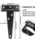 Diagram of 6 pack 4 inch rustproof stainless steel T shape door hinge in black finish with measurements for windows fences and barns.