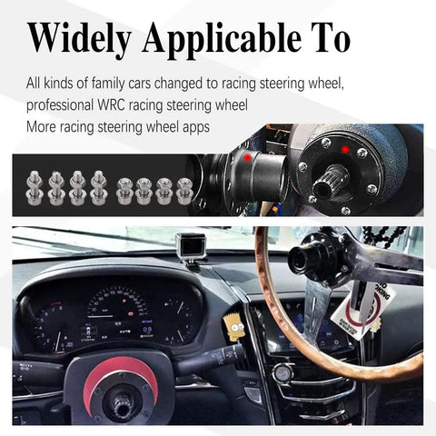 Universal Steering Wheel Quick Release Snap Off Hub Adapter Six Hole Boss Kit For Street Racing And Rally Mods Black Anodized Heavy Duty Aluminum Alloy Build in car with steering wheels.