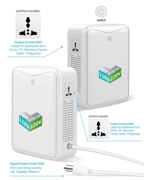 Plug In And Go No Fuss 2000W Noiseless Step Up Voltage Converter 110V To 220V outlets and power cord view
