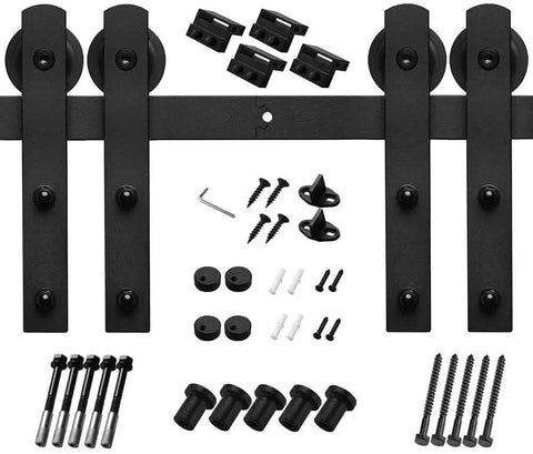 Beefy Sliding Barn Door Hardware Kit For Double Doors Black Finish Eight Foot Rail System With I Shape Hanger components