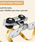 Close-up of smooth nylon wheels from 6Ft Sliding Barn Door Hardware Kit with Low Clearance Aluminum Box Rail for wooden doors.