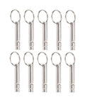 Versatile Emergency Whistle Kit 10 Pack Alloy Safety Whistles With Keychains for outdoor camping and hiking use, 10 aluminum whistles.
