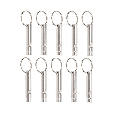 Versatile Emergency Whistle Kit 10 Pack Alloy Safety Whistles With Keychains for outdoor camping and hiking use, 10 aluminum whistles.