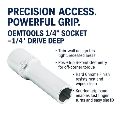 One Quarter Inch SAE Deep Socket Six Point Thin Wall With Hard Chrome Finish showing knurled grip and precision design