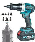 Brushless Cordless Rivet Nut Tool Electric Pull Riveter Gun With M3 To M12 Threads, 26V lithium battery, black and teal design.