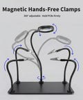 Versatile Soldering Station With 5X Magnifying Glass, Magnetic Helping Hand And 4 Flexible Arms shown with adjustments