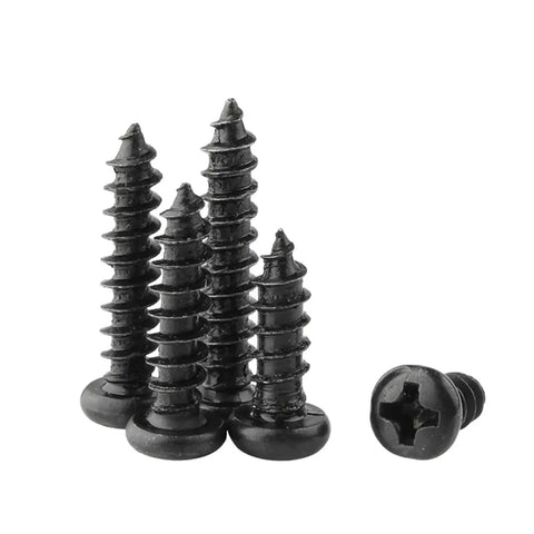 Self Tapping Wood Screw Set Black Mini Cross Head Pan Screws For DIY Quick Fixes On Small Wood Projects And Eyewear Repairs Sizes M1 To M4 10 To 50 Pcs Deep Threads With Strong Hold Dope Pick. Close-up view of screws with deep threads and pan head.