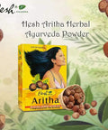 Box of Hesh Aritha Herbal Ayurveda Powder with soapnuts on a natural background