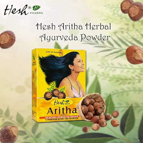 Box of Hesh Aritha Herbal Ayurveda Powder with soapnuts on a natural background