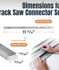 Track Saw Guide Rail Connector Set For Festool Makita DeWalt And Triton Pack Of 2 showing dimensions, screws, and Allen key.