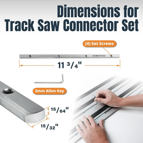 Track Saw Guide Rail Connector Set For Festool Makita DeWalt And Triton Pack Of 2 showing dimensions, screws, and Allen key.