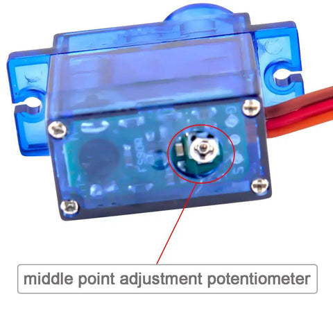 Close-up view of the FS90R 360 Degree Continuous Rotation Micro RC Servo Motor 6V with middle point adjustment potentiometer