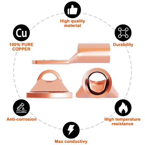 Pro Grade Copper Wire Lugs Set 130 Pieces With 60 Heat Shrink Tubing for Battery Cables shown in various angles and features