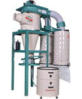 Heavy Duty 5 Horsepower Cyclone Dust Collector Keeping Your Garage Drop Dead Clean With 215 Square Foot High Efficiency Filtration, 5HP, mounted on a shop wall.