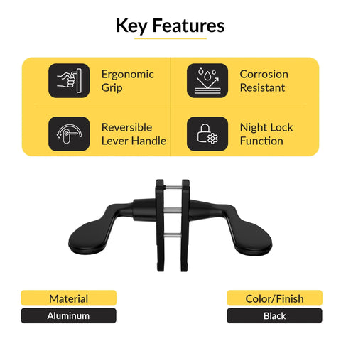 Black Aluminum Lever Latch Set With Night Lock For Door Thickness Five Eighths To One And Three Eighths Inches Reversible Handle