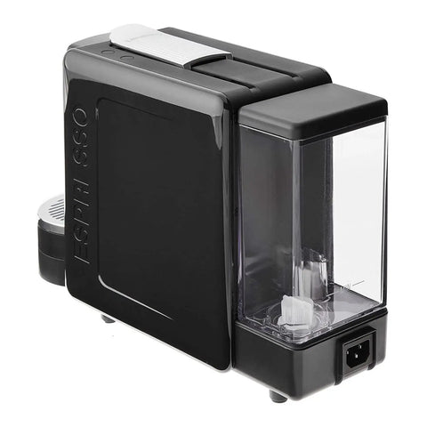 Kickstart Your Daily Grind With This Total Game Changer Black Espresso Machine side view showing sleek design and clear water tank.