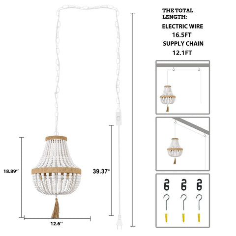 Boho Wood Beaded Pendant Light With E12 Ball Bulbs Farmhouse Chandelier dimensions and installation details.