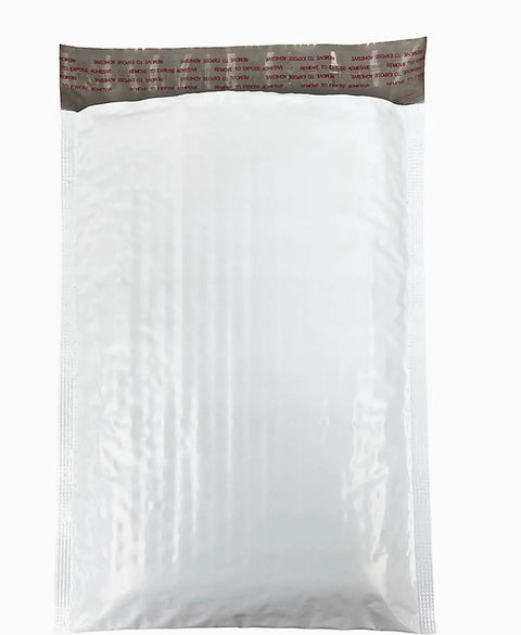 Heavy Duty Poly Bubble Mailers Bulk 50 Pack Water Resistant Padded Shipping Envelopes 4x8 Inch flat view with sealing strip.