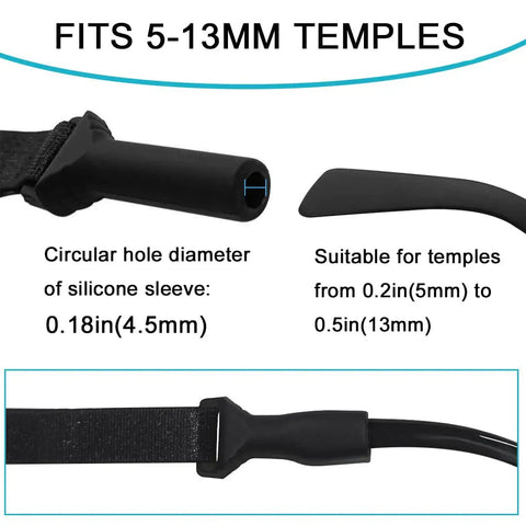 No Tail Adjustable Glasses Strap For Kids And Adults That Stays Put And Keeps Sunglasses From Slipping Around Your Neck Silicone Eyewear Holder Black 3 Pack, details of silicone sleeve diameter and temple fit size.