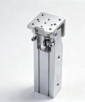 Battle Tested Heavy Hitter 90 Degree Flip Pneumatic Cylinder For Industrial Manipulator Rotary Clamping With Smooth Part Reorientation For Injection Molding And Factory Automation Crews, aluminum build, detailed view.